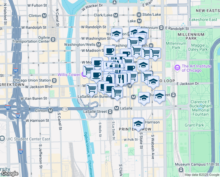 map of restaurants, bars, coffee shops, grocery stores, and more near 141 West Jackson Boulevard in Chicago