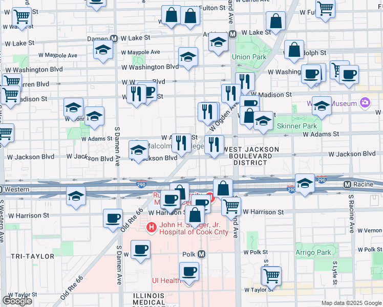 map of restaurants, bars, coffee shops, grocery stores, and more near 1731 West Adams Street in Chicago