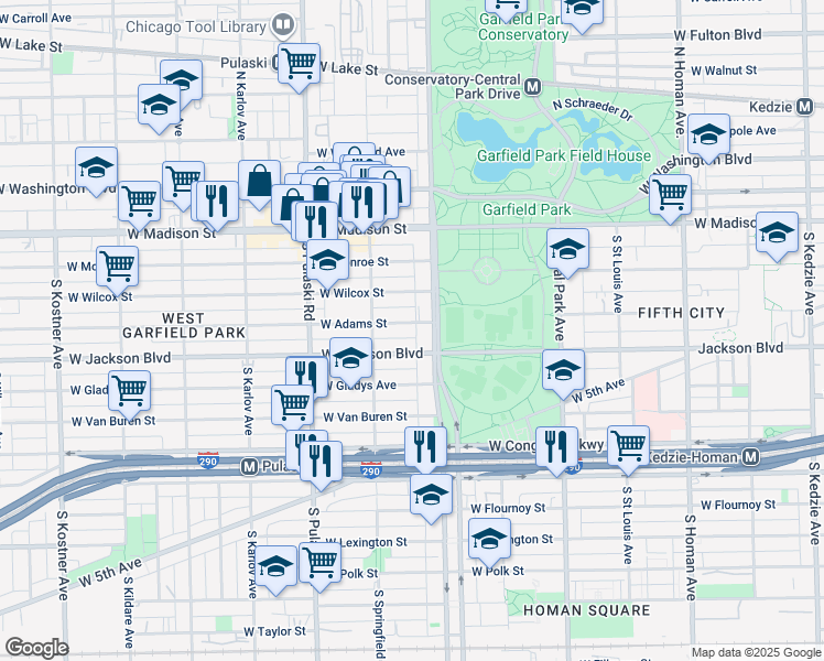 map of restaurants, bars, coffee shops, grocery stores, and more near 3819 West Wilcox Street in Chicago