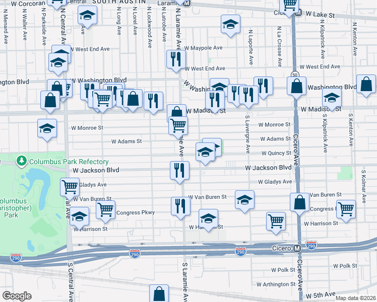map of restaurants, bars, coffee shops, grocery stores, and more near 5122 West Adams Street in Chicago