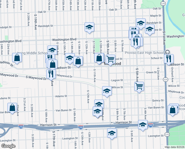 map of restaurants, bars, coffee shops, grocery stores, and more near 1018 Madison Street in Maywood