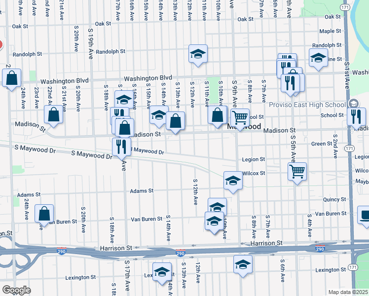 map of restaurants, bars, coffee shops, grocery stores, and more near 1300 Madison Street in Maywood