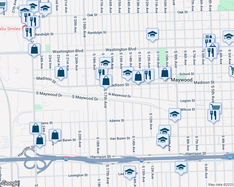 map of restaurants, bars, coffee shops, grocery stores, and more near 1510 Madison Street in Maywood