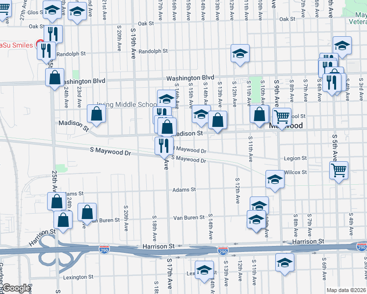 map of restaurants, bars, coffee shops, grocery stores, and more near 1510 Madison Street in Maywood