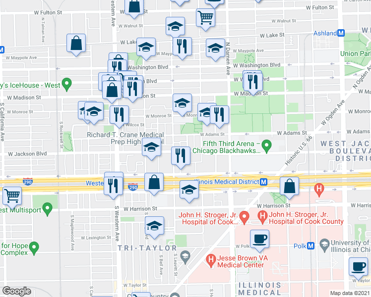 map of restaurants, bars, coffee shops, grocery stores, and more near 2134 West Jackson Boulevard in Chicago