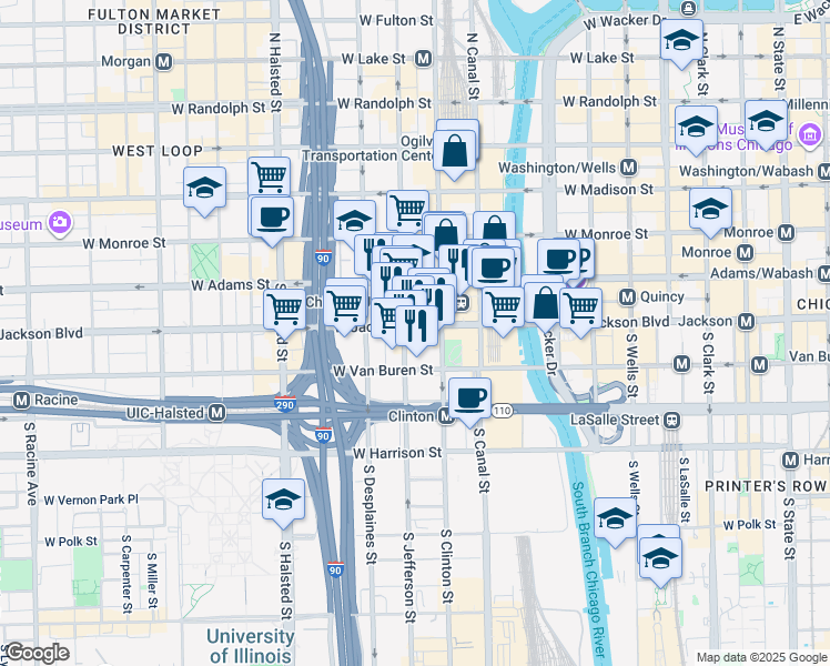 map of restaurants, bars, coffee shops, grocery stores, and more near 565 West Jackson Boulevard in Chicago