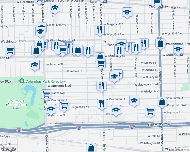 map of restaurants, bars, coffee shops, grocery stores, and more near 5220 West Adams Street in Chicago