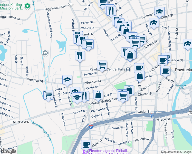 map of restaurants, bars, coffee shops, grocery stores, and more near 46 Carpenter Street in Pawtucket