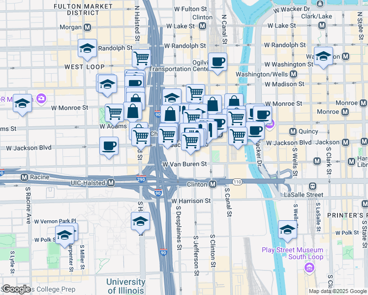 map of restaurants, bars, coffee shops, grocery stores, and more near 223 South Desplaines Street in Chicago