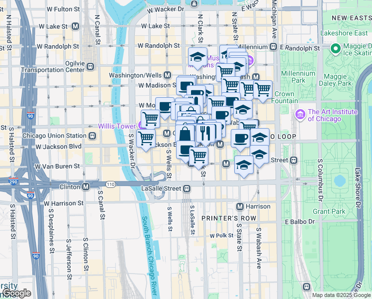map of restaurants, bars, coffee shops, grocery stores, and more near 141 West Jackson Boulevard in Chicago