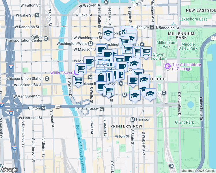 map of restaurants, bars, coffee shops, grocery stores, and more near 111 West Jackson Boulevard in Chicago