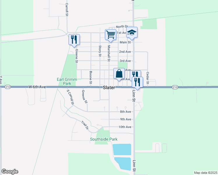 map of restaurants, bars, coffee shops, grocery stores, and more near in Slater