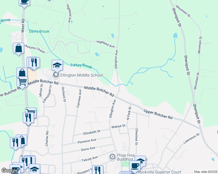 map of restaurants, bars, coffee shops, grocery stores, and more near 63 Ellington Avenue in Ellington