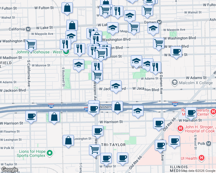 map of restaurants, bars, coffee shops, grocery stores, and more near 2310 West Jackson Boulevard in Chicago