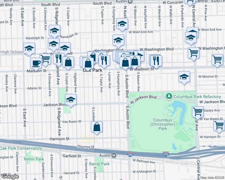 map of restaurants, bars, coffee shops, grocery stores, and more near 610 Lyman Avenue in Oak Park