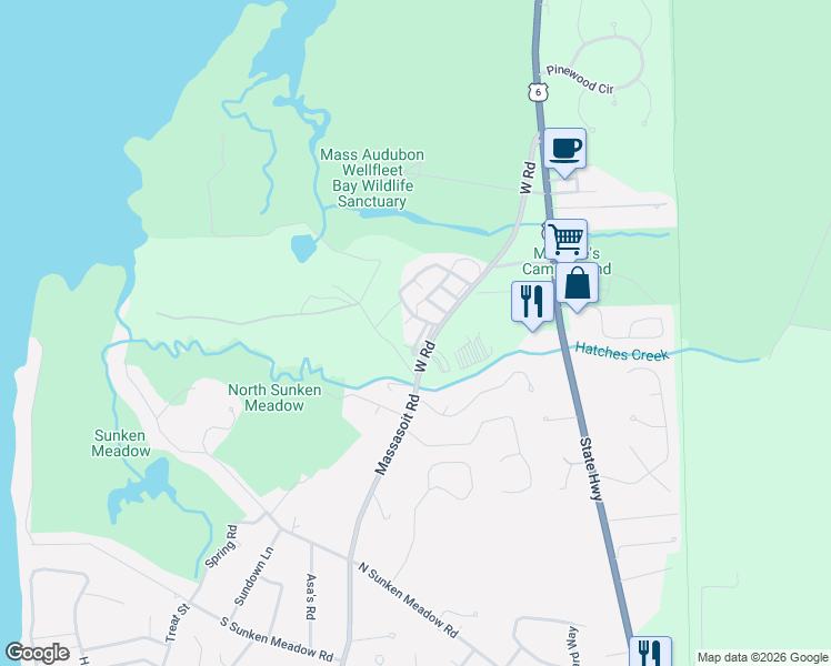 map of restaurants, bars, coffee shops, grocery stores, and more near c28 Deer Path Way in Wellfleet