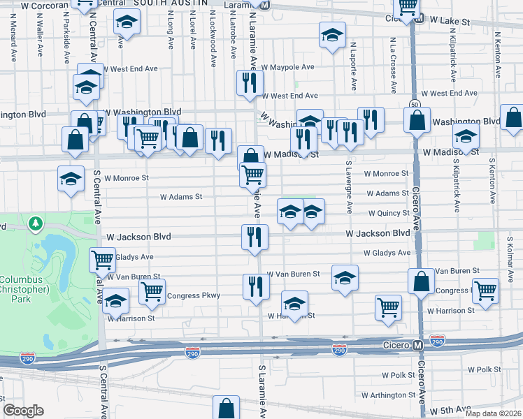 map of restaurants, bars, coffee shops, grocery stores, and more near 5122 West Adams Street in Chicago