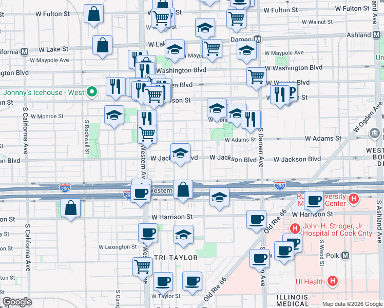 map of restaurants, bars, coffee shops, grocery stores, and more near 2220 West Jackson Boulevard in Chicago