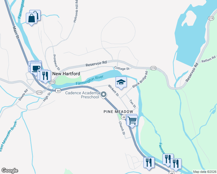 map of restaurants, bars, coffee shops, grocery stores, and more near 68 Wickett Street in New Hartford