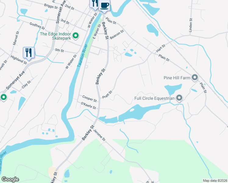 map of restaurants, bars, coffee shops, grocery stores, and more near 194 Pratt Street in Taunton