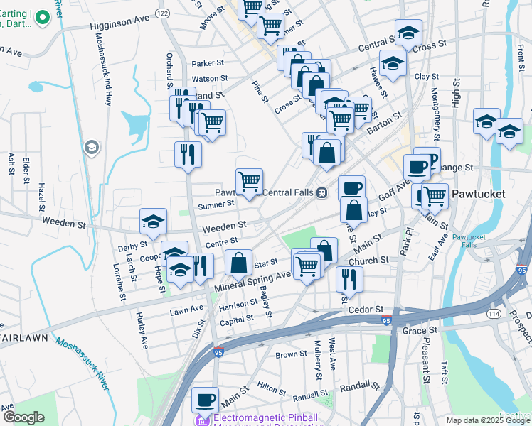 map of restaurants, bars, coffee shops, grocery stores, and more near 179A Conant Street in Pawtucket