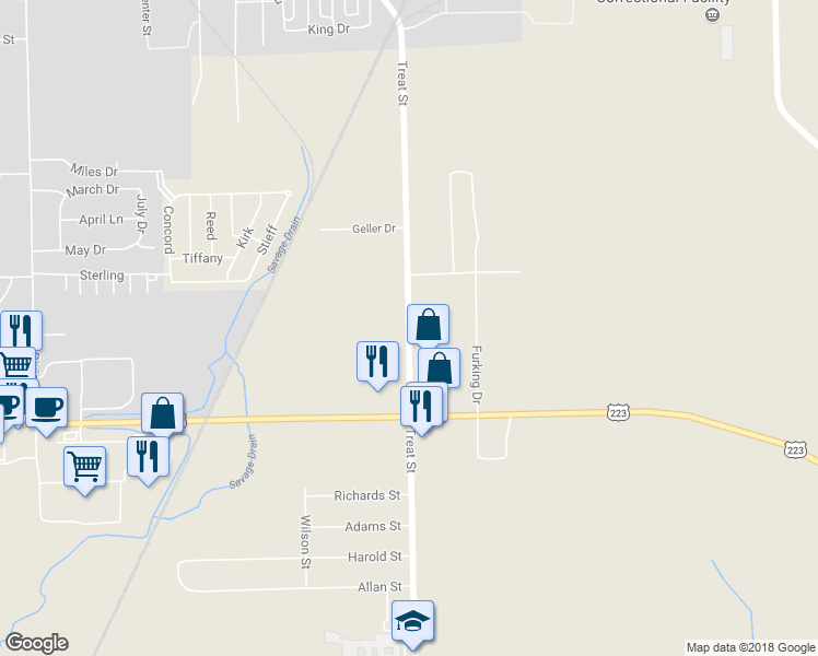 map of restaurants, bars, coffee shops, grocery stores, and more near 2755 Treat Street in Adrian