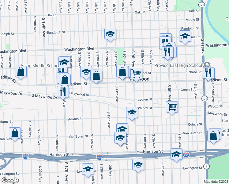 map of restaurants, bars, coffee shops, grocery stores, and more near 1018 Madison Street in Maywood