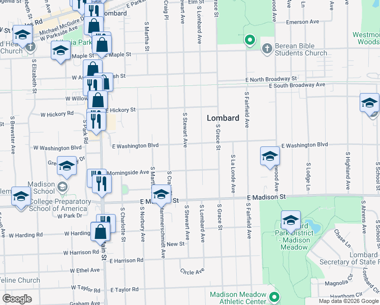 map of restaurants, bars, coffee shops, grocery stores, and more near 511 South Stewart Avenue in Lombard