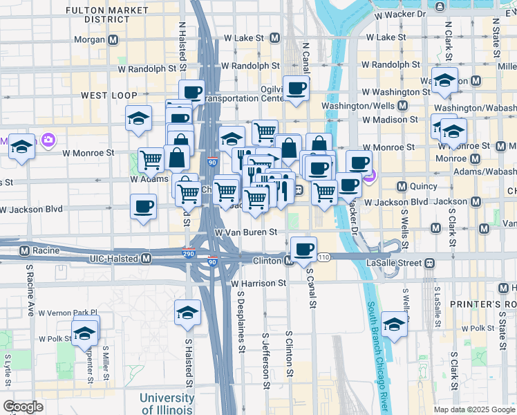 map of restaurants, bars, coffee shops, grocery stores, and more near 601 West Jackson Boulevard in Chicago