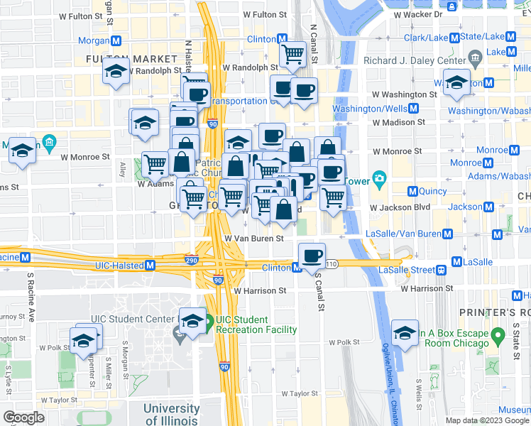 map of restaurants, bars, coffee shops, grocery stores, and more near 601 West Jackson Boulevard in Chicago