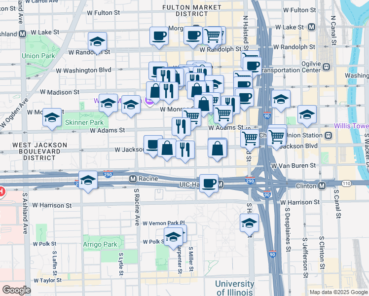 map of restaurants, bars, coffee shops, grocery stores, and more near 1016 West Jackson Boulevard in Chicago