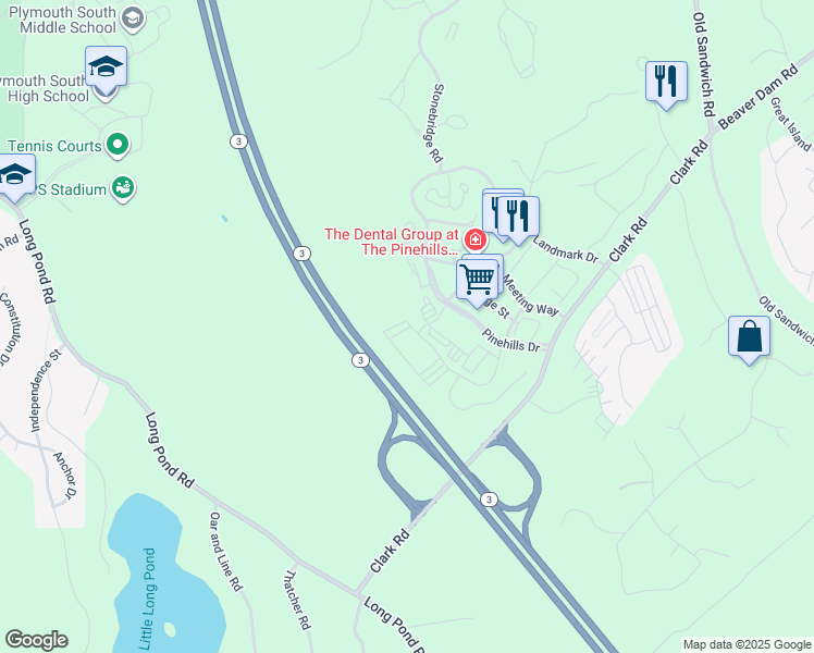 map of restaurants, bars, coffee shops, grocery stores, and more near 50 Pinehills Drive in Plymouth