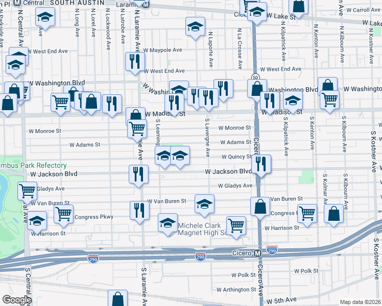 map of restaurants, bars, coffee shops, grocery stores, and more near 5046 West Adams Street in Chicago