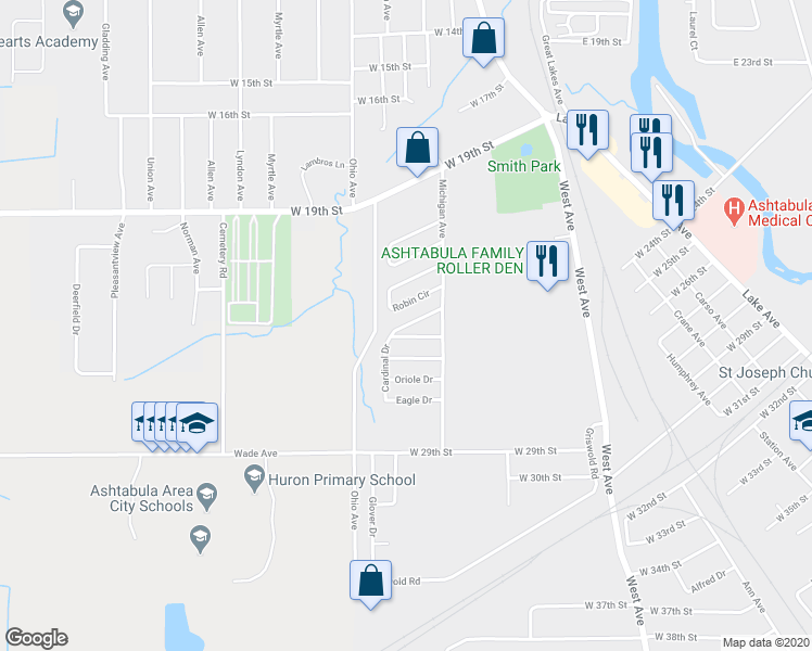map of restaurants, bars, coffee shops, grocery stores, and more near 1800 Willow Arms Drive in Ashtabula