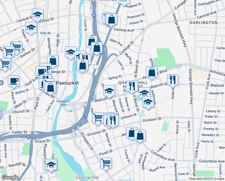 map of restaurants, bars, coffee shops, grocery stores, and more near 26 Armistice Boulevard in Pawtucket