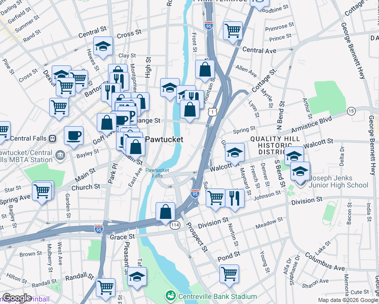 map of restaurants, bars, coffee shops, grocery stores, and more near 156 Broadway in Pawtucket