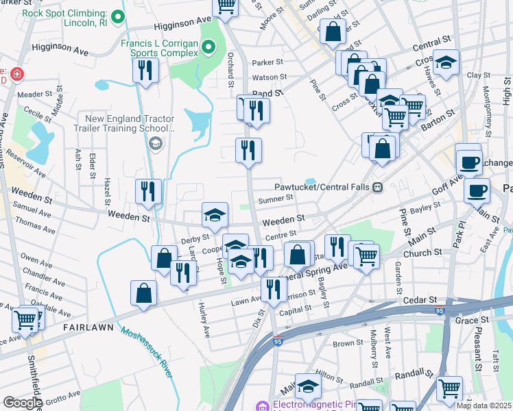 map of restaurants, bars, coffee shops, grocery stores, and more near 397 Lonsdale Avenue in Pawtucket