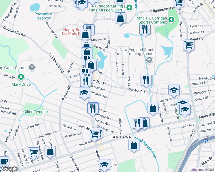 map of restaurants, bars, coffee shops, grocery stores, and more near 70 Reservoir Avenue in Pawtucket