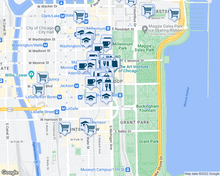 map of restaurants, bars, coffee shops, grocery stores, and more near 232 South Michigan Avenue in Chicago