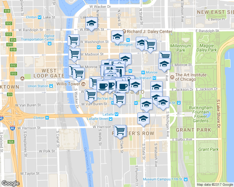 map of restaurants, bars, coffee shops, grocery stores, and more near 231 South LaSalle Street in Chicago