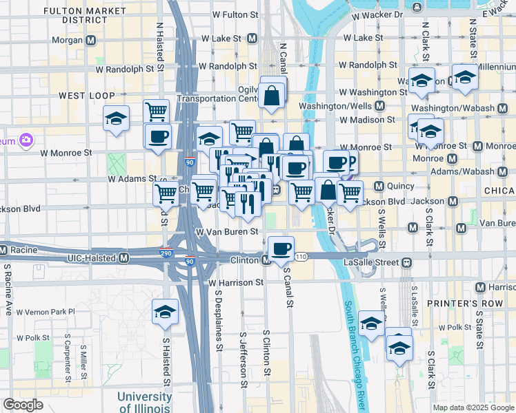 map of restaurants, bars, coffee shops, grocery stores, and more near 565 West Quincy Street in Chicago