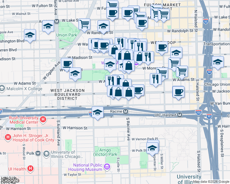 map of restaurants, bars, coffee shops, grocery stores, and more near 1234 West Cottage Place in Chicago