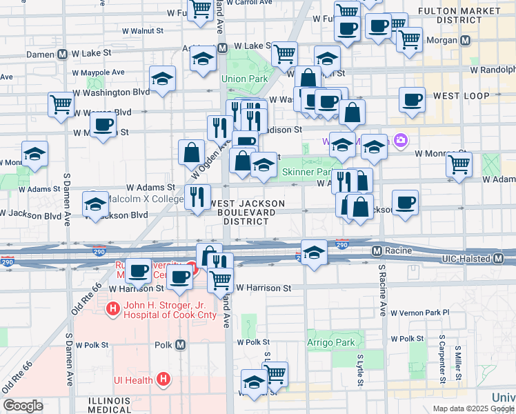 map of restaurants, bars, coffee shops, grocery stores, and more near 200 South Laflin Street in Chicago