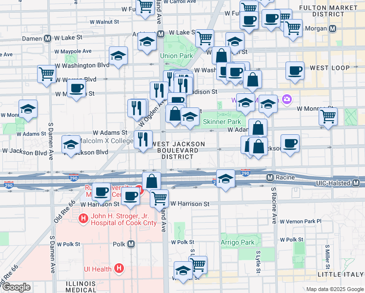 map of restaurants, bars, coffee shops, grocery stores, and more near 200 South Laflin Street in Chicago