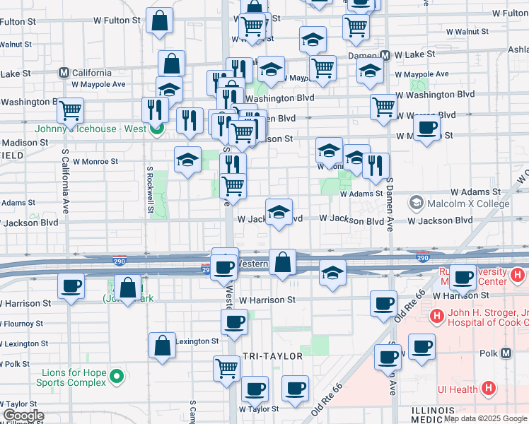 map of restaurants, bars, coffee shops, grocery stores, and more near 2301 West Adams Street in Chicago