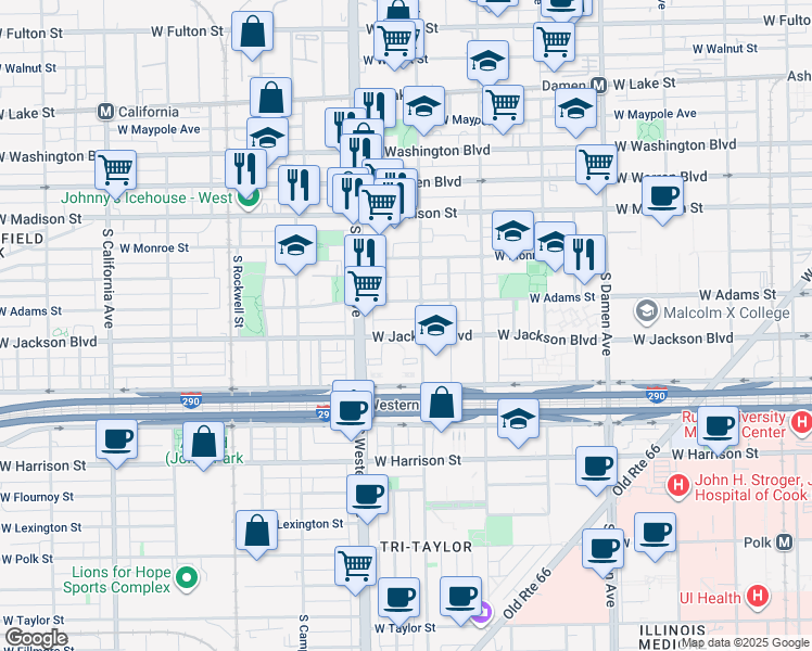 map of restaurants, bars, coffee shops, grocery stores, and more near 2301 West Adams Street in Chicago