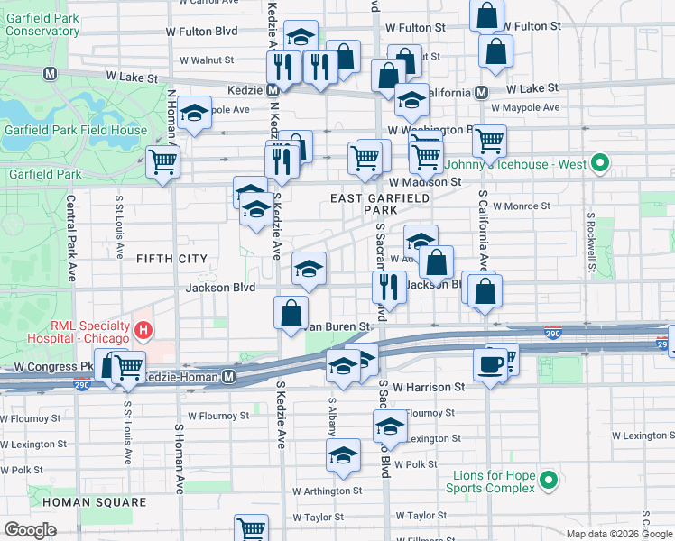 map of restaurants, bars, coffee shops, grocery stores, and more near 140 South Albany Avenue in Chicago