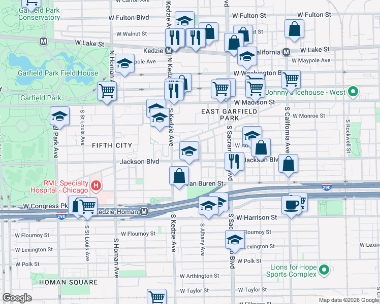 map of restaurants, bars, coffee shops, grocery stores, and more near 3125 West 5th Avenue in Chicago