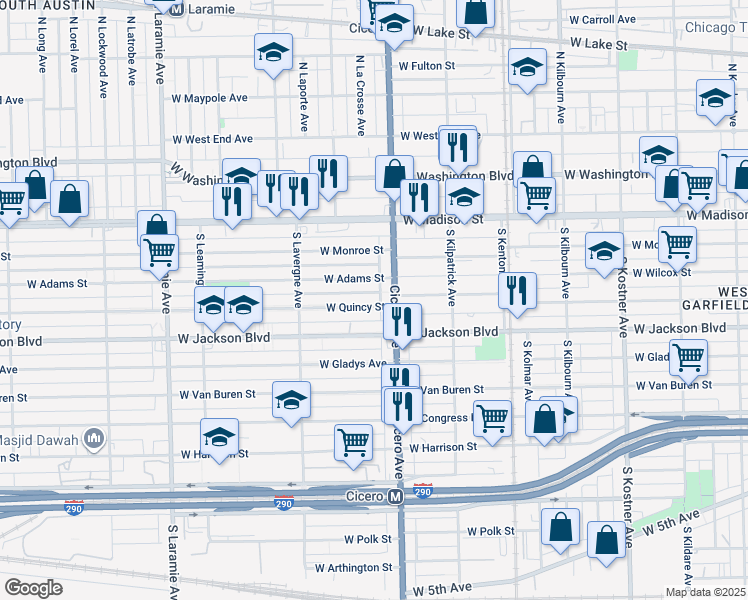 map of restaurants, bars, coffee shops, grocery stores, and more near 200 South Cicero Avenue in Chicago