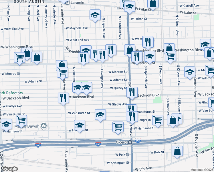 map of restaurants, bars, coffee shops, grocery stores, and more near 4927 West Adams Street in Chicago